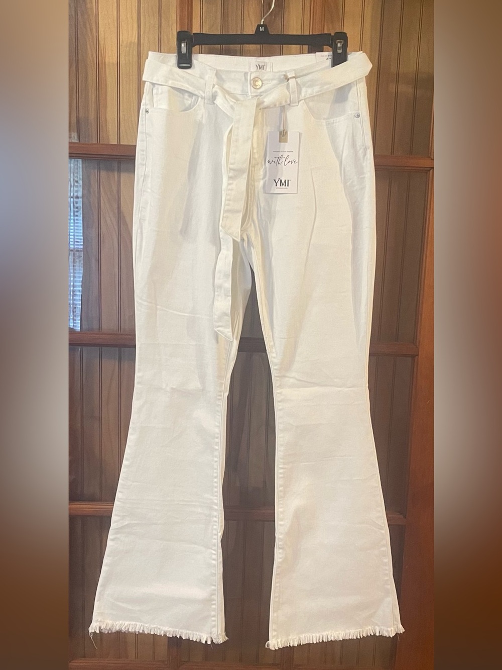 YMI High-Rise White Wide Leg Jeans with Self-Tie Belt